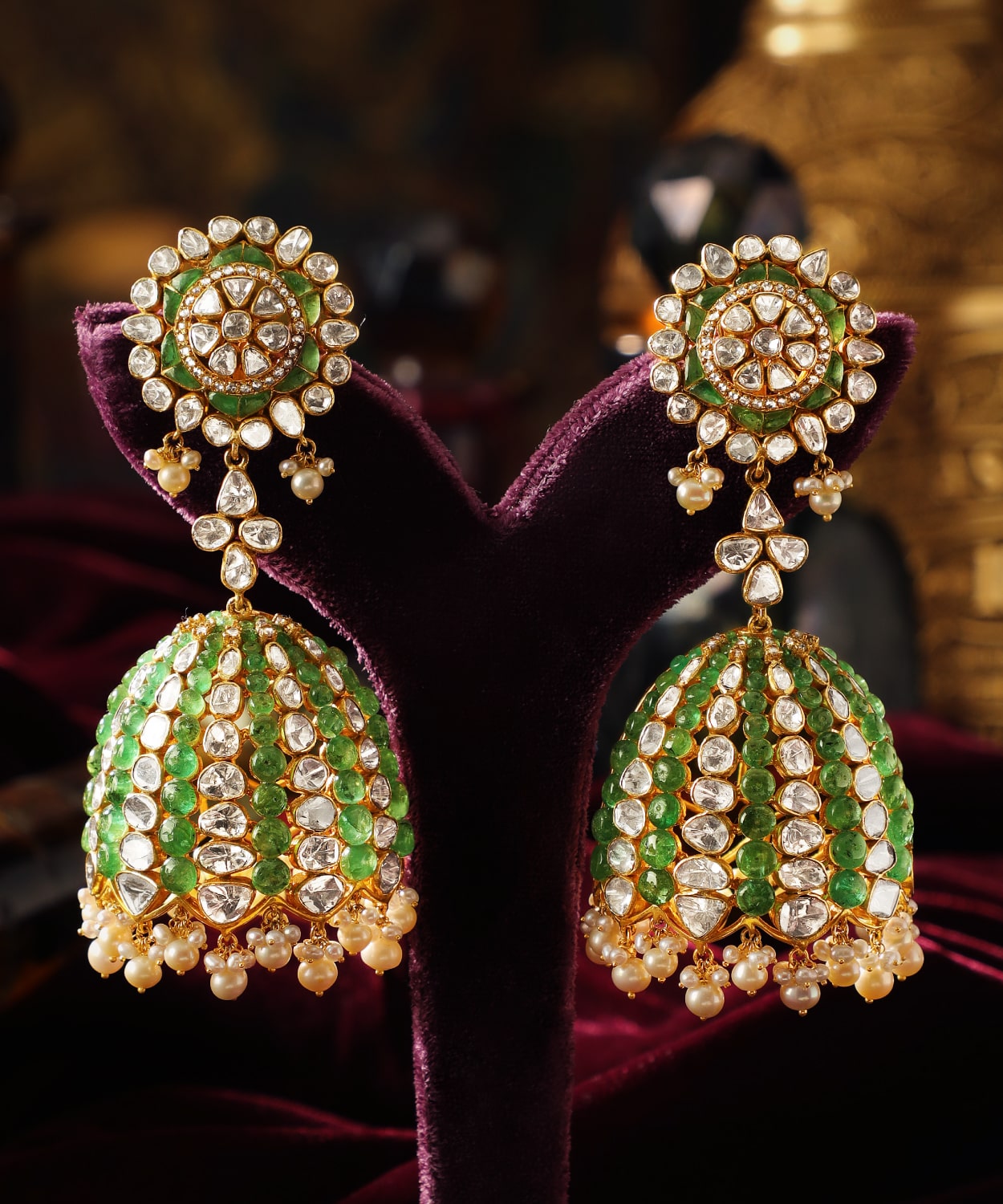 Kashmiri jhumka earrings deals with emeralds & polki